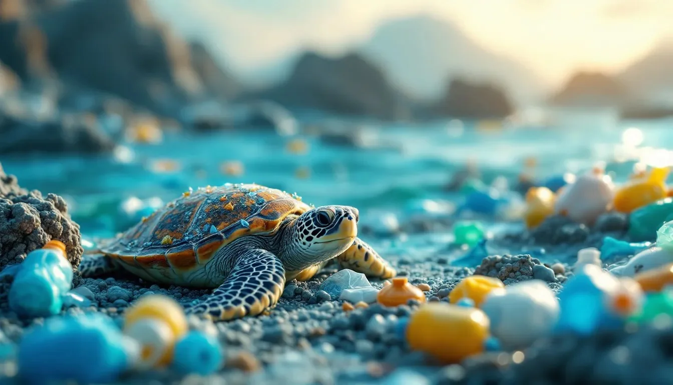 Tortue entouré de bouteille et bouchons en plastiques sur la plage pour illustrer la recherche innovante sur la pollution