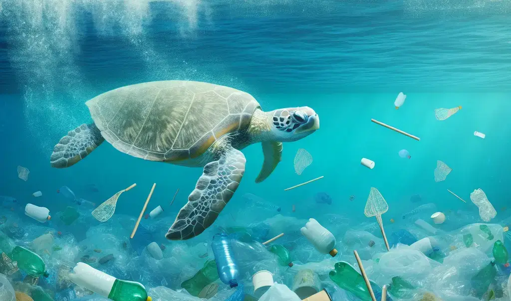 Illustration d'une tortue marine dans l'eau pour informer sur le microbiote intestinal et micro et nano plastiques