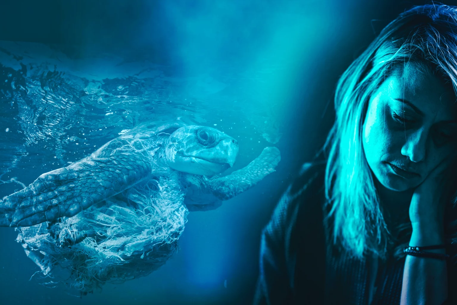 Montage d'une tortue entouré de plastique et une femme en dépression pour illustrer l'étude MIPACID