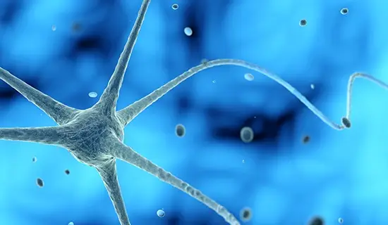 animation 3d d'un neurone sur fond bleu avec des micro particules